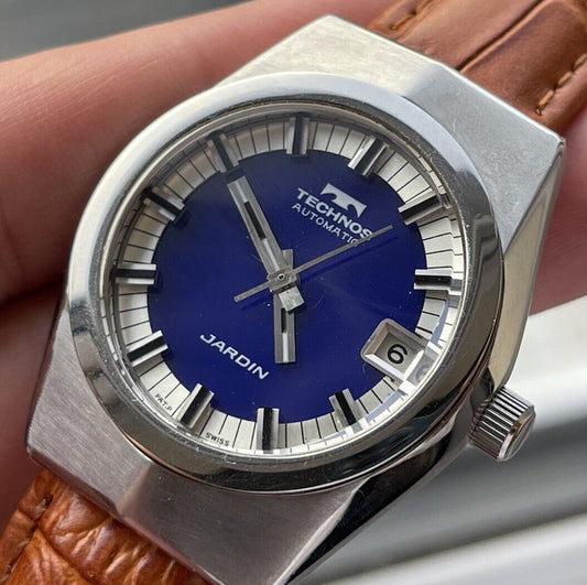 Vintage Technos JARDIN 2/Tone Dial Silver/Blue, 2824, 35mm Automatic Mens Watch - Grab A Watch Co