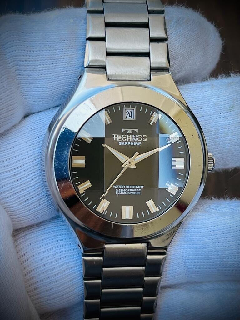 Vintage Technos Sapphire Black Dial 39mm Quartz T9429 Gents Watch Swiss, Perfect - Grab A Watch Co