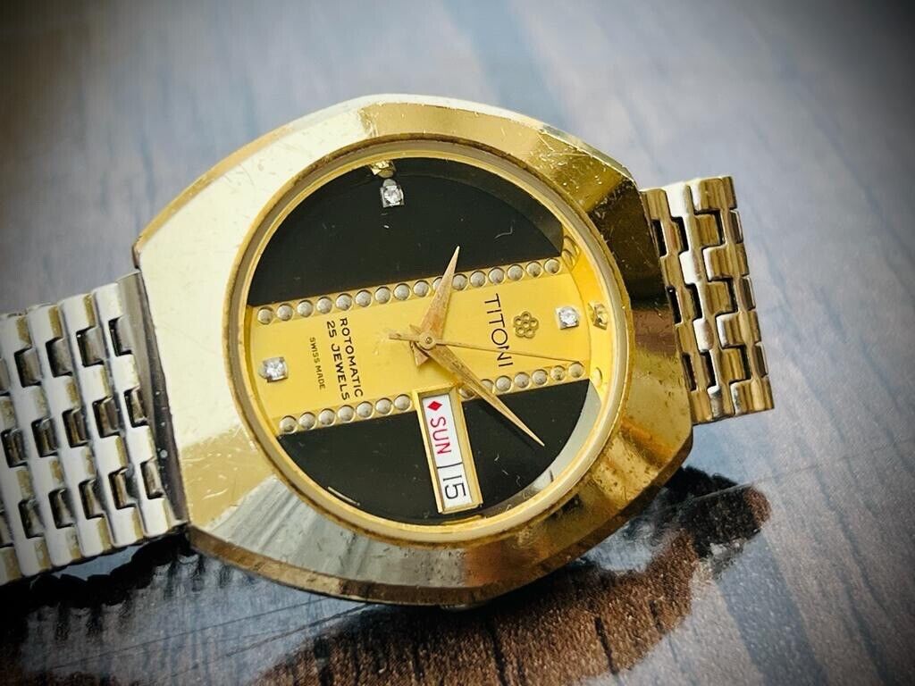 Vintage Titoni Romatic Eye Catching Dial Mens Watch, RARE Gold Plated 36mm - Grab A Watch Co