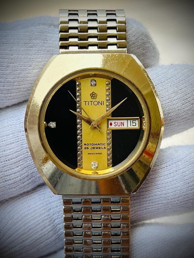 Vintage Titoni Romatic Eye Catching Dial Mens Watch, RARE Gold Plated 36mm - Grab A Watch Co