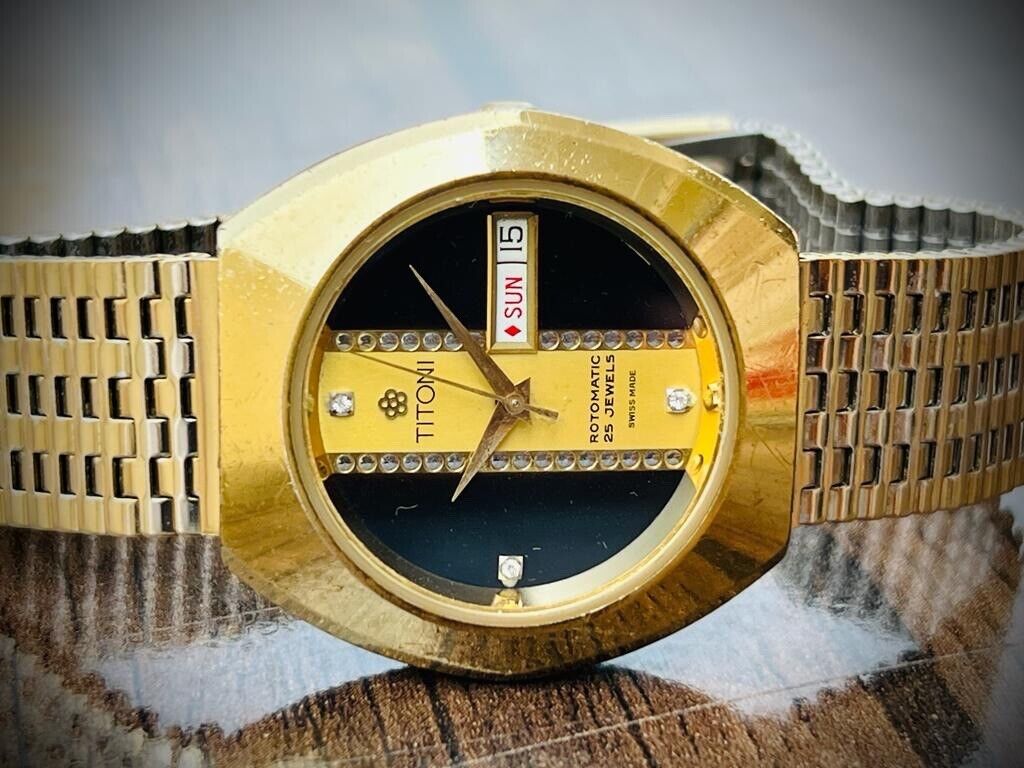 Vintage Titoni Romatic Eye Catching Dial Mens Watch, RARE Gold Plated 36mm - Grab A Watch Co