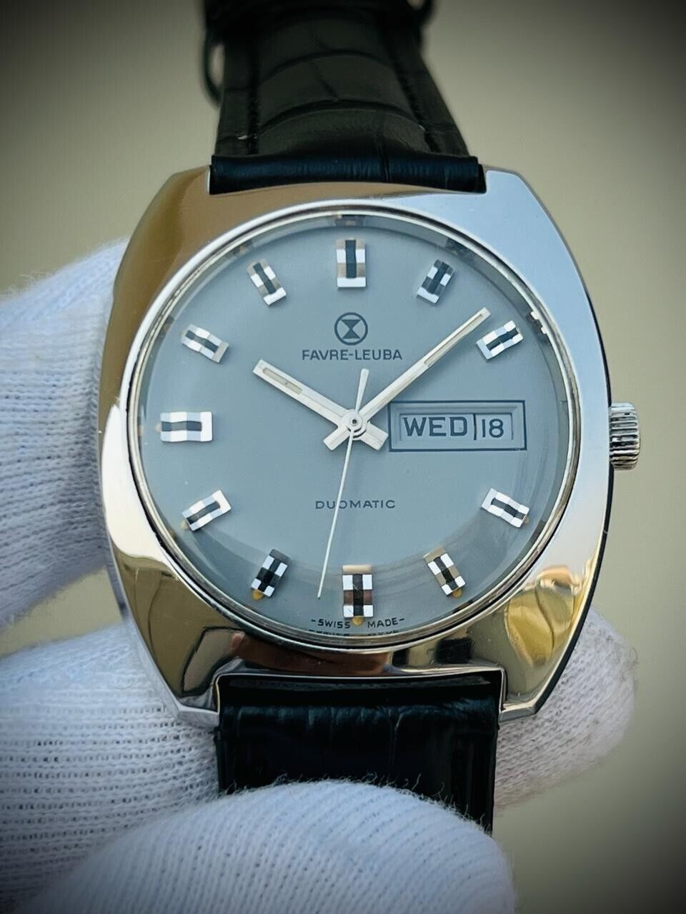 Vintage Watch Favre Leuba Duomatic Grey Dial 38mm Mens Watch, Swiss - Grab A Watch Co