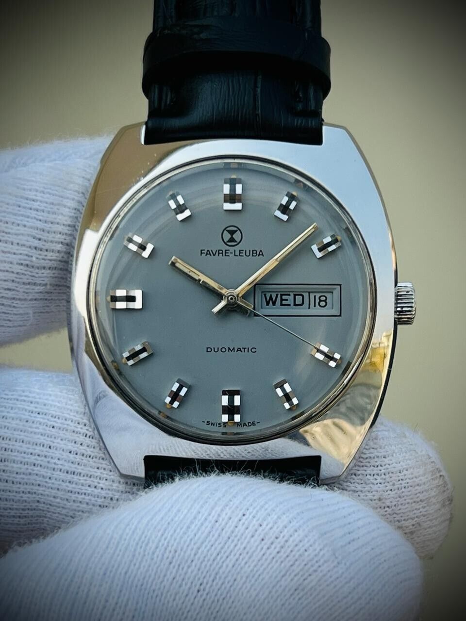 Vintage Watch Favre Leuba Duomatic Grey Dial 38mm Mens Watch, Swiss - Grab A Watch Co