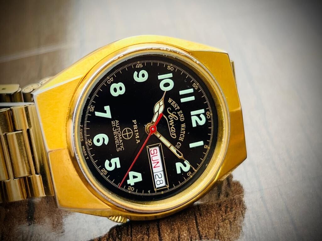 Vintage West End Black Dial Gold Plated 37mm Automatic Gents Watch Swiss,Perfect - Grab A Watch Co