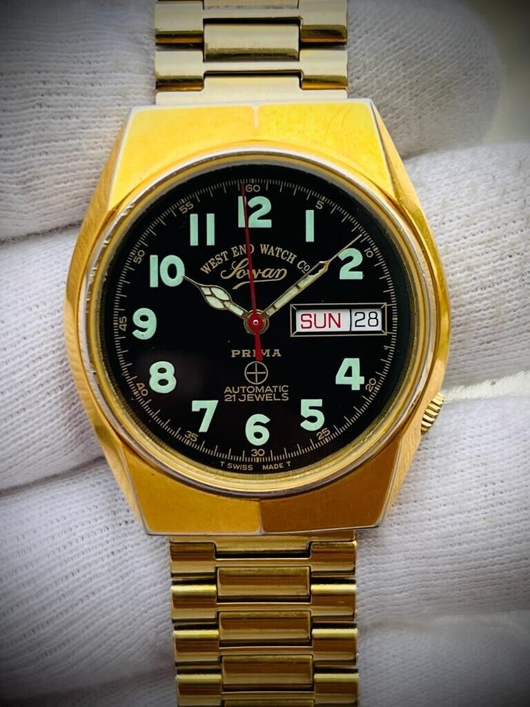 Vintage West End Black Dial Gold Plated 37mm Automatic Gents Watch Swiss,Perfect - Grab A Watch Co