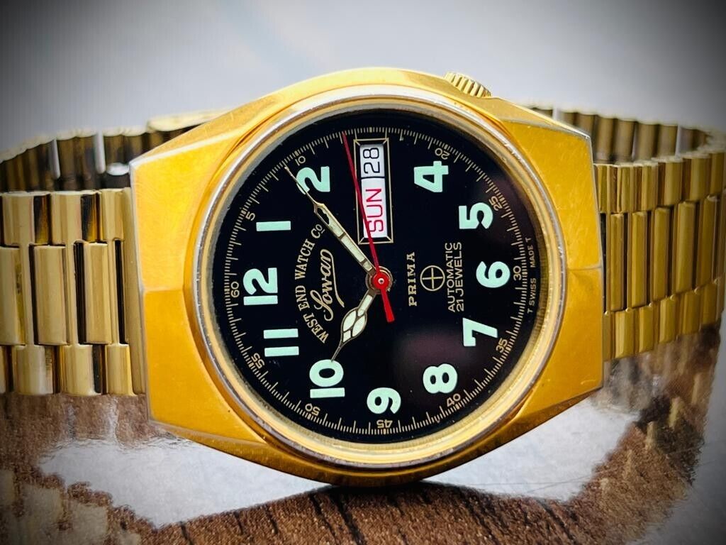 Vintage West End Black Dial Gold Plated 37mm Automatic Gents Watch Swiss,Perfect - Grab A Watch Co
