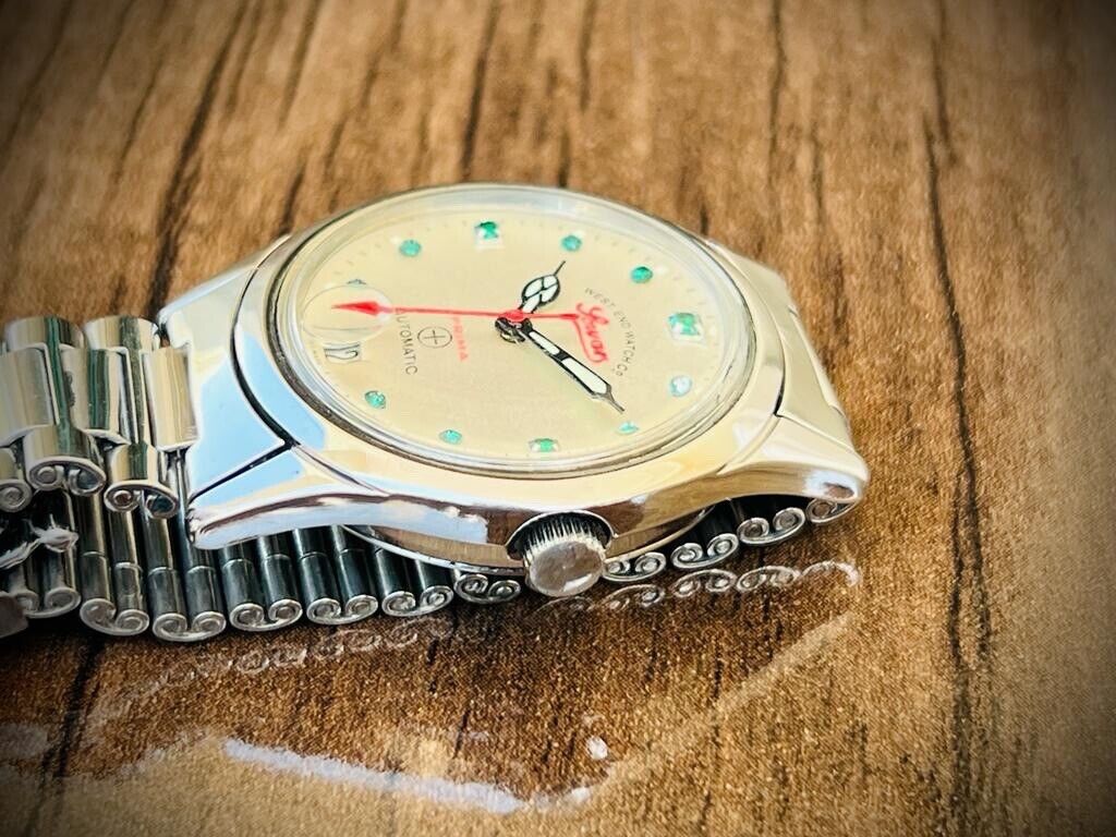 Vintage West End Emerald Stones White Dial Automatic Gents Watch 33mm, Swiss - Grab A Watch Co