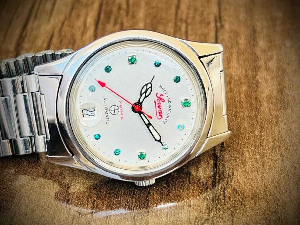Vintage West End Emerald Stones White Dial Automatic Gents Watch 33mm, Swiss - Grab A Watch Co