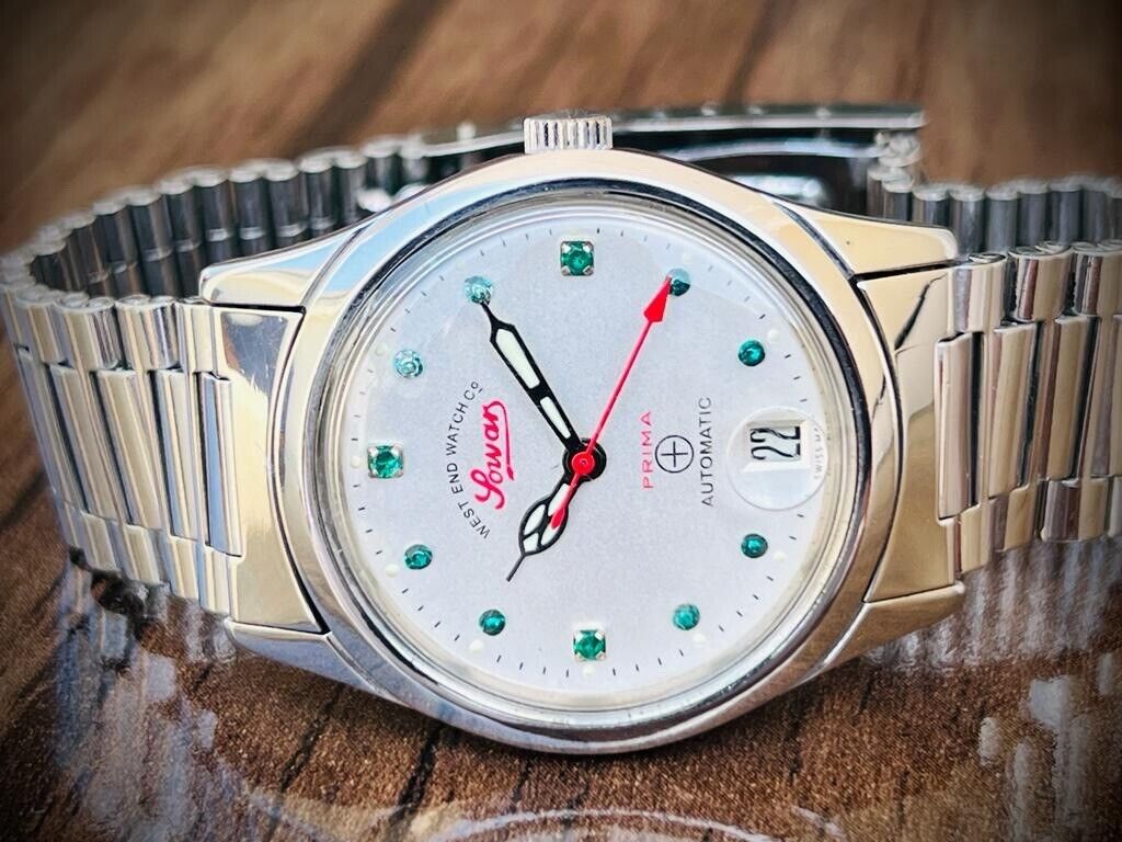 Vintage West End Emerald Stones White Dial Automatic Gents Watch 33mm, Swiss - Grab A Watch Co