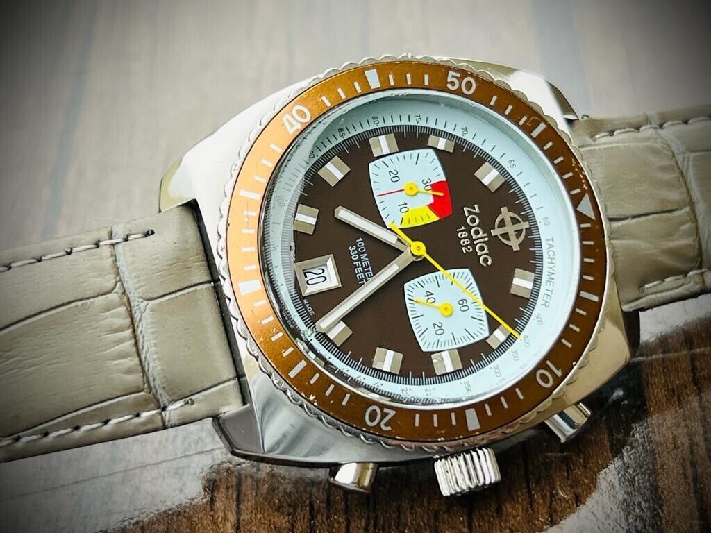 Zodiac Sea Dragon Brown Dial 100m Chronograph Quartz 43mm Mens Watch, Swiss - Grab A Watch Co