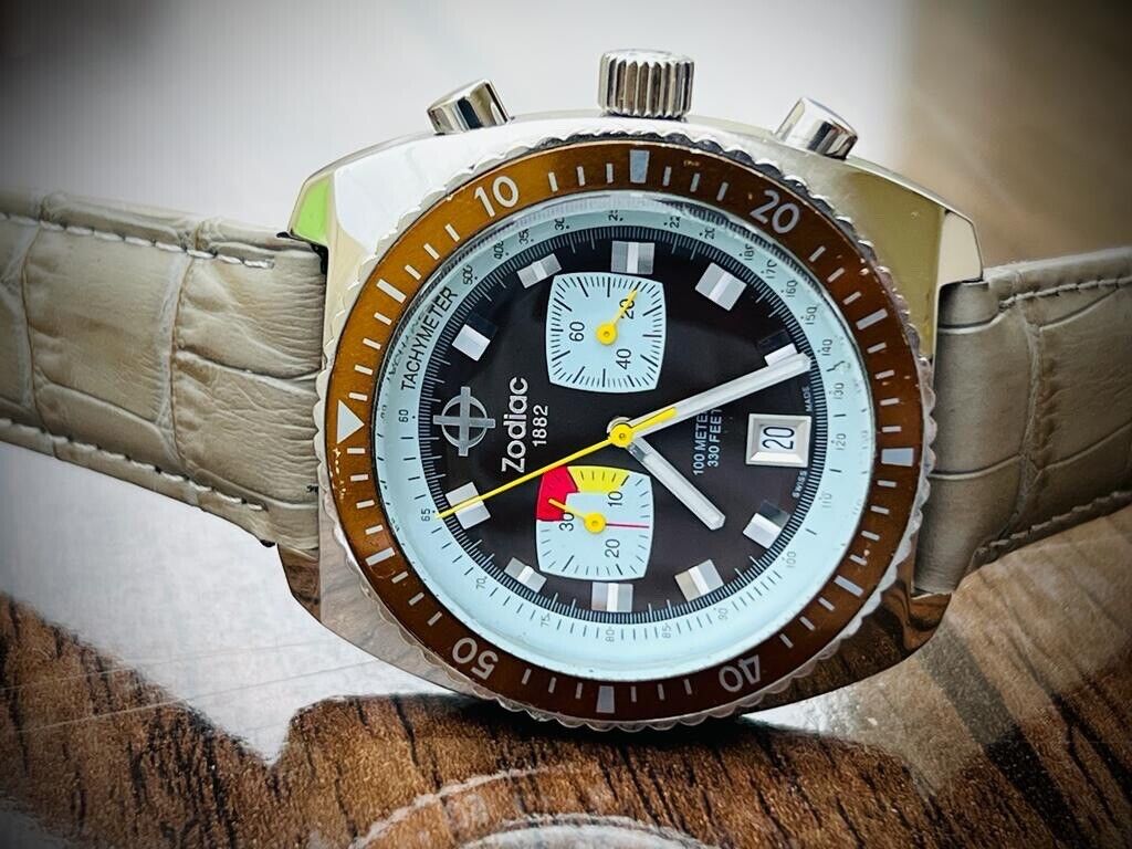 Zodiac Sea Dragon Brown Dial 100m Chronograph Quartz 43mm Mens Watch, Swiss - Grab A Watch Co