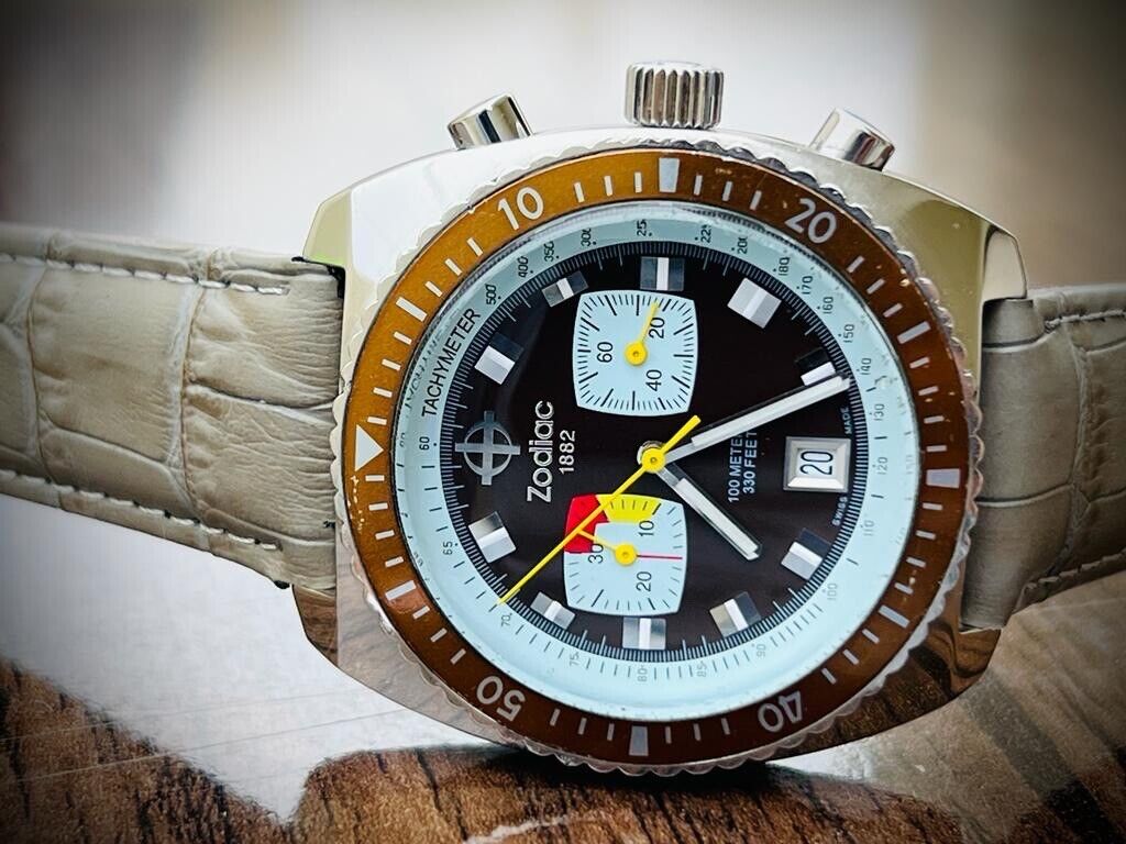 Zodiac Sea Dragon Brown Dial 100m Chronograph Quartz 43mm Mens Watch, Swiss - Grab A Watch Co