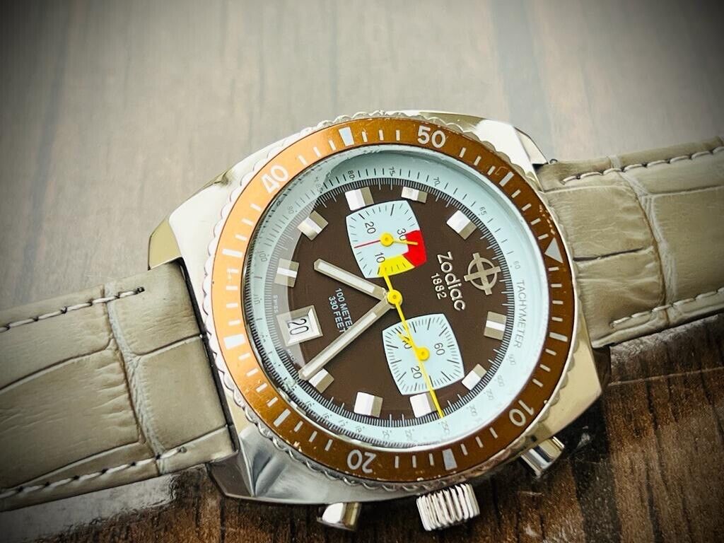 Zodiac Sea Dragon Brown Dial 100m Chronograph Quartz 43mm Mens Watch, Swiss - Grab A Watch Co