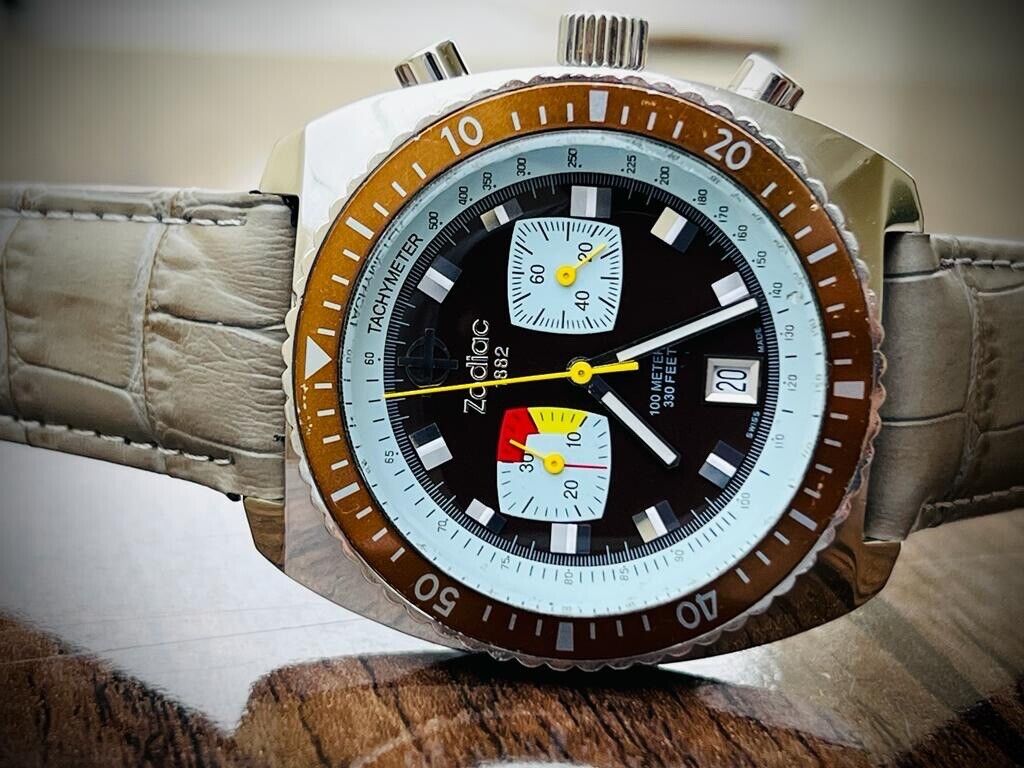 Zodiac Sea Dragon Brown Dial 100m Chronograph Quartz 43mm Mens Watch, Swiss - Grab A Watch Co