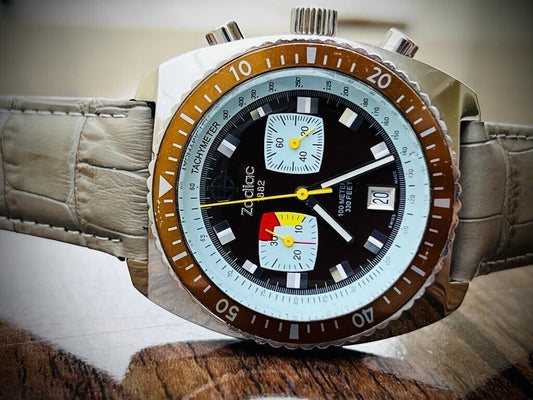 Zodiac Sea Dragon Brown Dial 100m Chronograph Quartz 43mm Mens Watch, Swiss - Grab A Watch Co