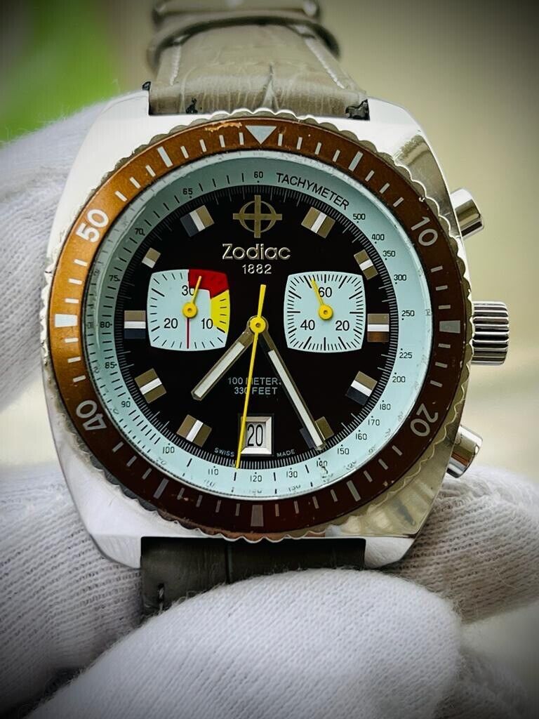 Zodiac Sea Dragon Brown Dial 100m Chronograph Quartz 43mm Mens Watch, Swiss - Grab A Watch Co