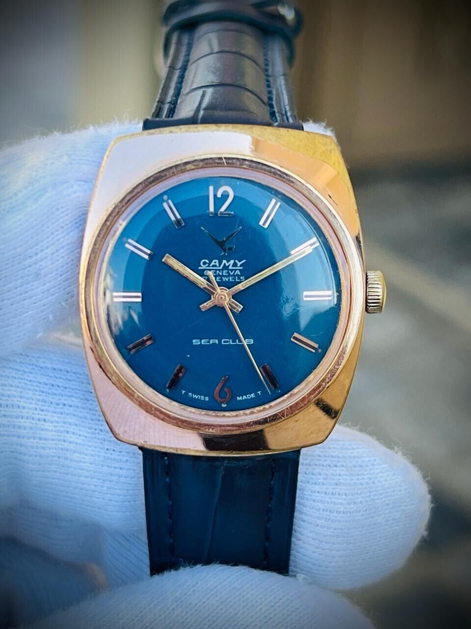 Vintage Camy Sea Club Rare Blue Dial Manual Wind Watch 32mm