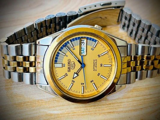 Mens Watch Seiko 5 Automatic Yellow Racer Dial 21 Jewels 37mm, 7s26-00x0