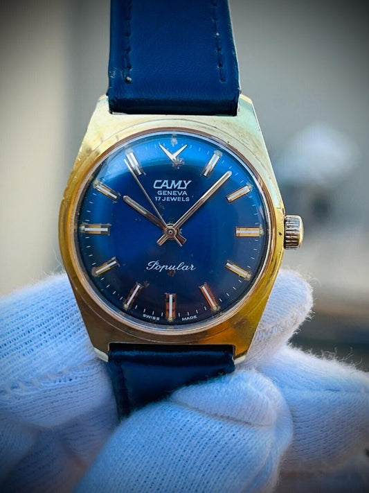 Vintage Camy Popular Rare Blue Dial Manual Wind Watch 31mm