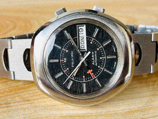 Vintage Stella VEGA Alarm Automatic Mens Watch 40mm RARE, Swiss Made