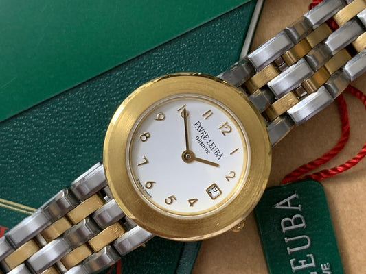 Vintage Favre Leuba Geneve 2/Tone White Ladies Watch Luxury Quartz, Swiss Made