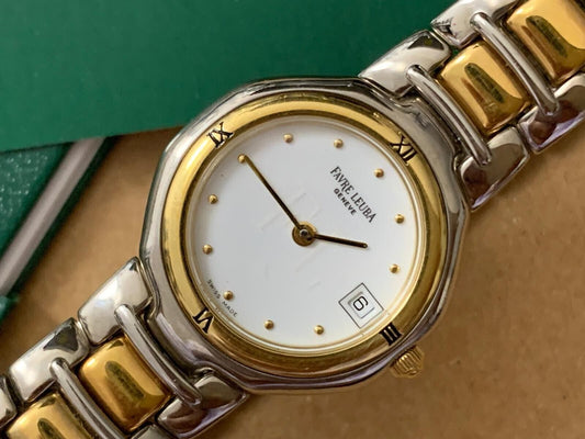 Vintage Favre Leuba Geneve 2/Tone White Ladies Watch Luxury Quartz, Swiss Made