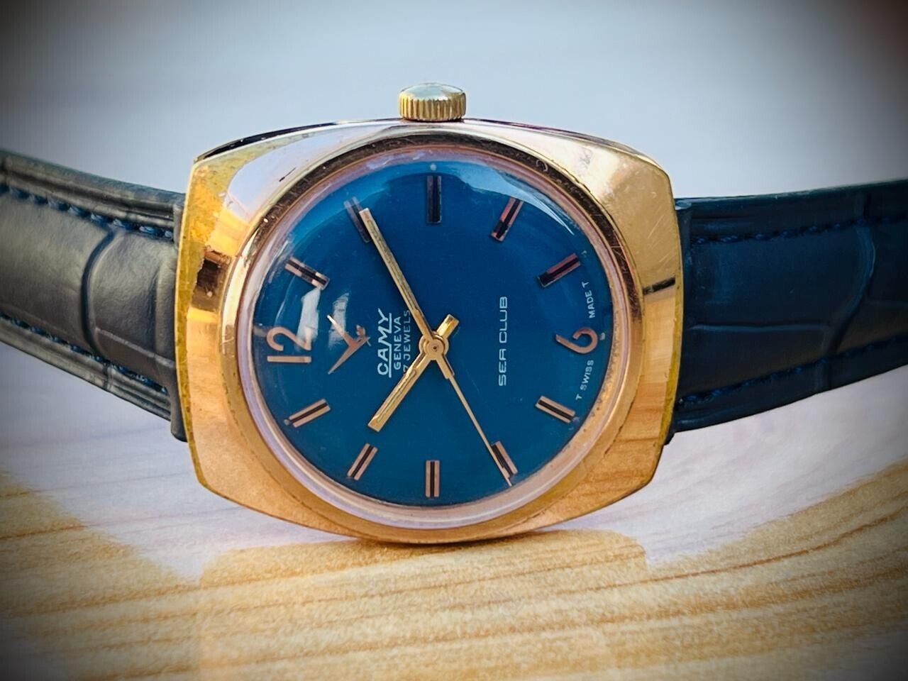 Vintage Camy Sea Club Rare Blue Dial Manual Wind Watch 32mm