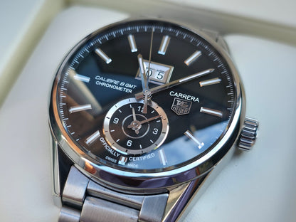 Tag Heuer Carrera Caliber 8 GMT WAR5010 Watch + Box Papers & Card 2014, Perfect