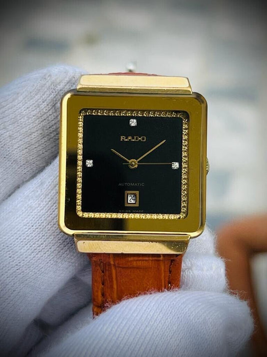 Beautiful Rado 35mm Black Diamond Dial Slim Quartz Mens Watch Swiss - Grab A Watch Co