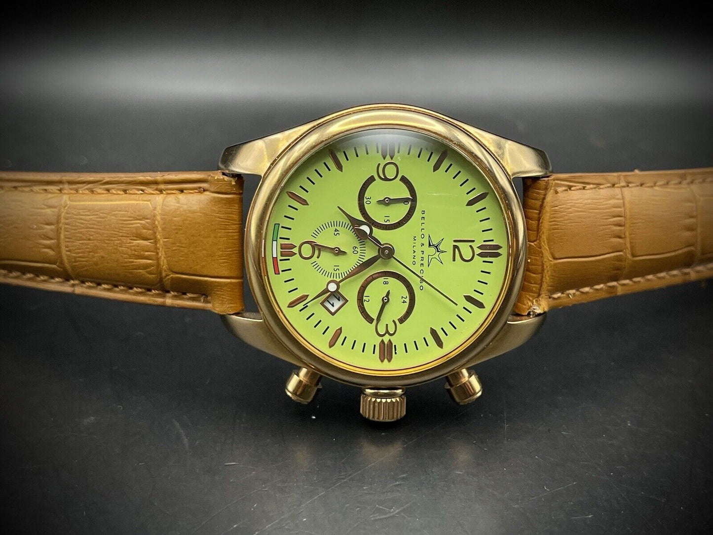 Bello & Preciso Milano Italain Mens Watch Chronograph Green Dial NOS Quartz 40mm - Grab A Watch Co