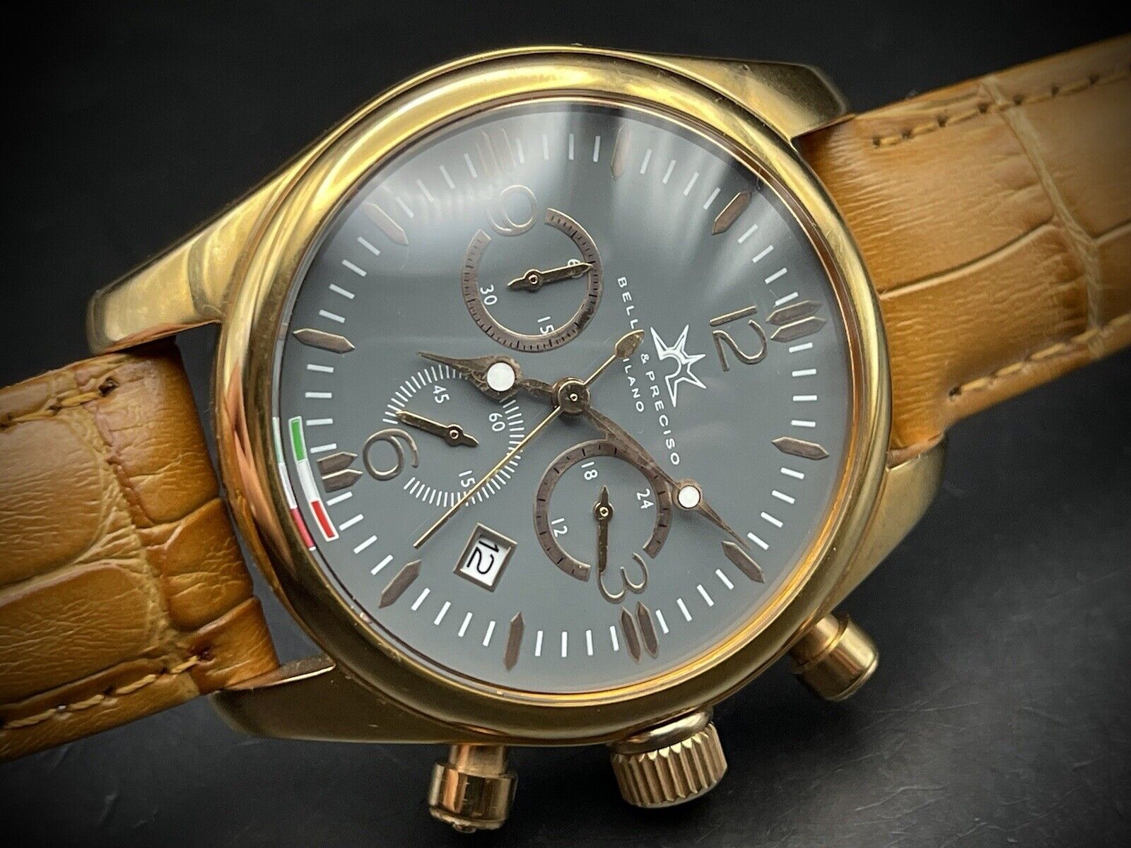 Bello & Preciso Milano Italain Mens Watch Chronograph Grey Dial NOS Quartz 40mm - Grab A Watch Co