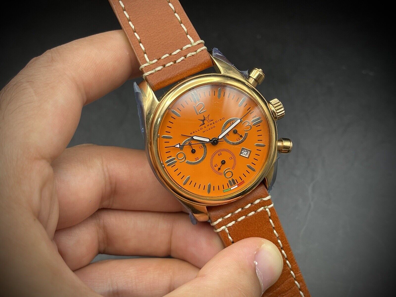 Bello & Preciso Milano Italain Mens Watch Chronograph Orange NOS Quartz 40mm - Grab A Watch Co