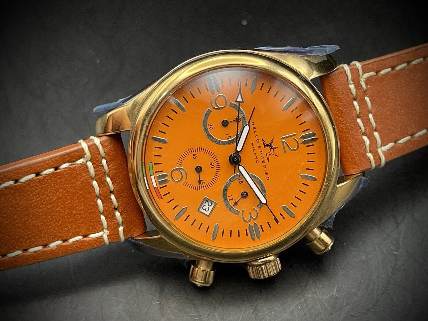 Bello & Preciso Milano Italain Mens Watch Chronograph Orange NOS Quartz 40mm - Grab A Watch Co