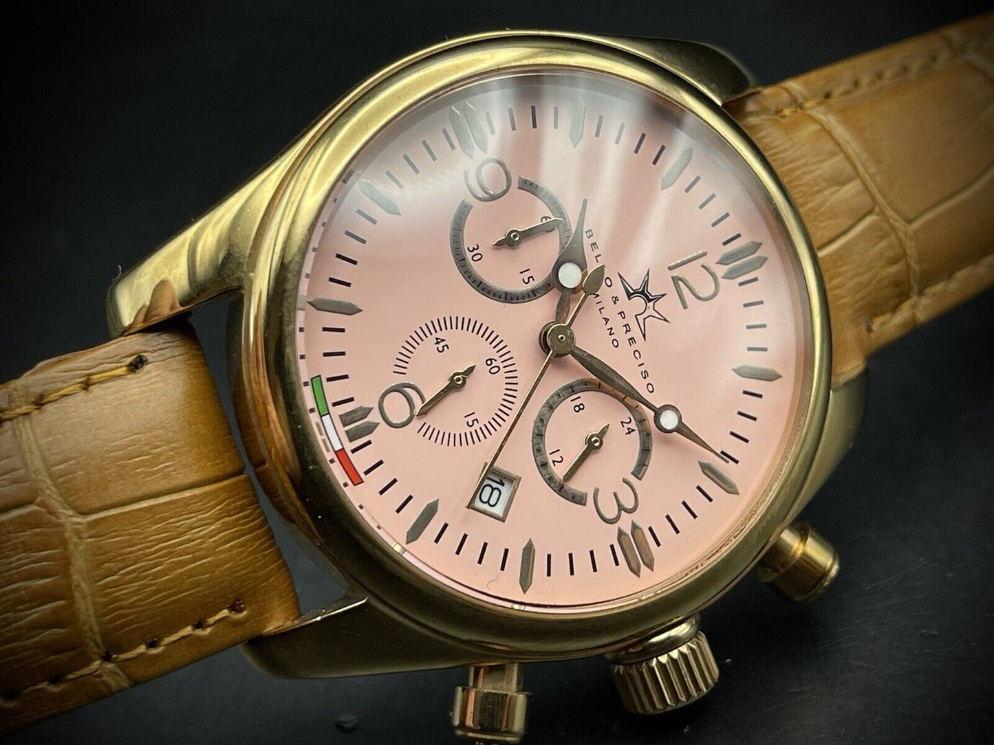 Bello & Preciso Milano Italain Mens Watch Chronograph Pink Dial NOS Quartz 40mm - Grab A Watch Co