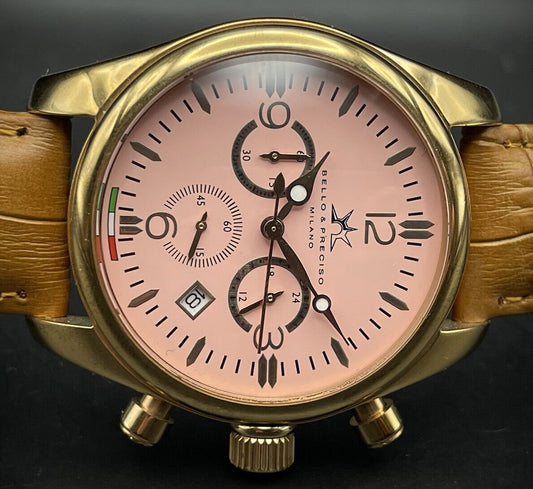 Bello & Preciso Milano Italain Mens Watch Chronograph Pink Dial NOS Quartz 40mm - Grab A Watch Co