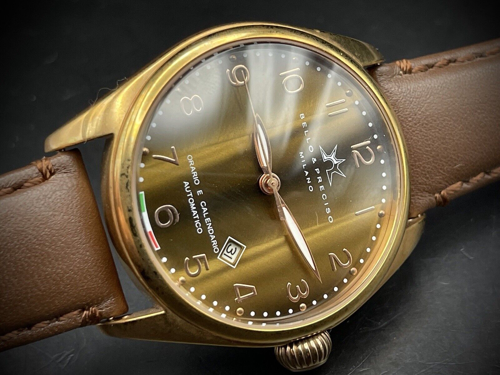 Bello & Preciso Milano Italain Mens Watch NOS Rare Brown Dial Automatic 43mm - Grab A Watch Co