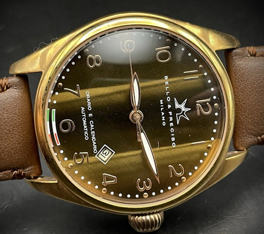 Bello & Preciso Milano Italain Mens Watch NOS Rare Brown Dial Automatic 43mm - Grab A Watch Co
