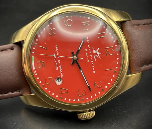 Bello & Preciso Milano Italain Mens Watch NOS Red Dial Automatic 40mm - Grab A Watch Co