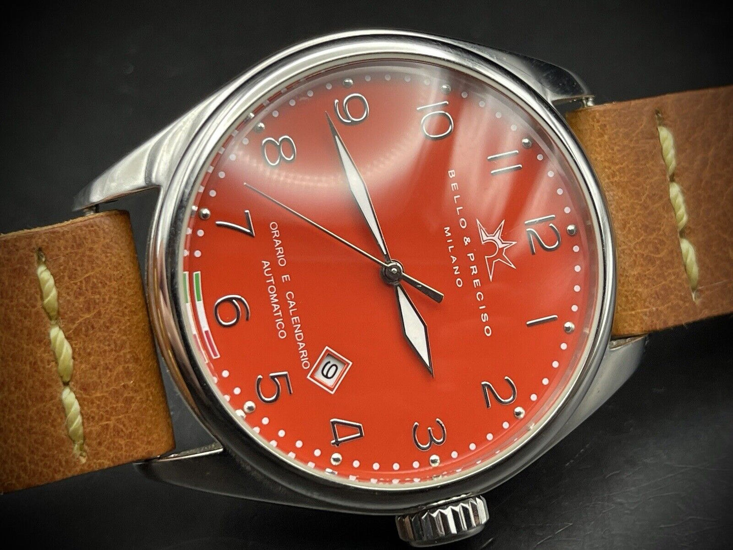 Bello & Preciso Milano Italain Mens Watch NOS Red Dial Automatic 43mm - Grab A Watch Co