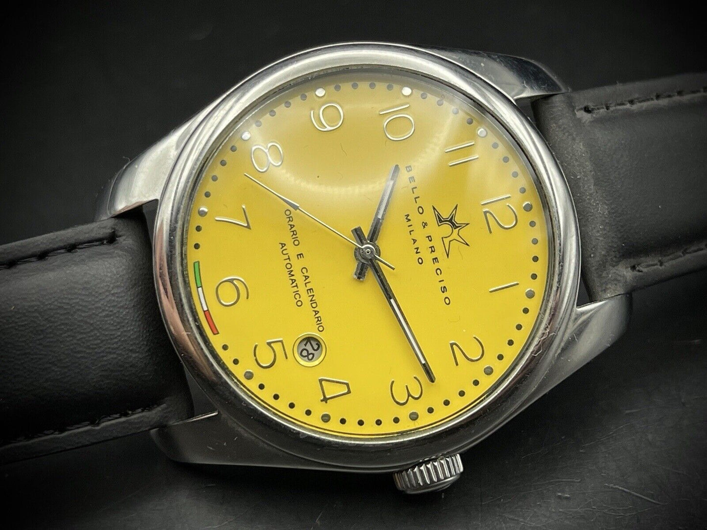 Bello & Preciso Milano Italain Mens Watch NOS Yellow Dial Automatic 40mm - Grab A Watch Co