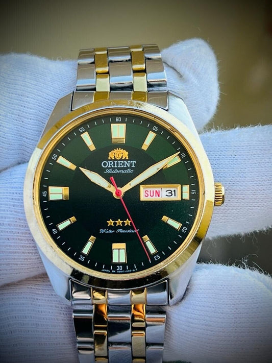 Orient 3 Star Green Dial 2/Tone Automatic Mens Watch 40mm, Rare Colour, Japan - Grab A Watch Co