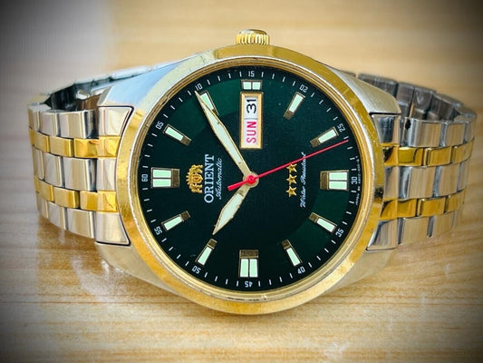 Orient 3 Star Green Dial 2/Tone Automatic Mens Watch 40mm, Rare Colour, Japan - Grab A Watch Co