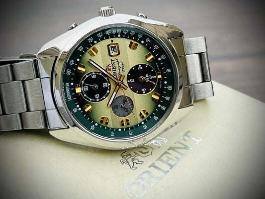 ORIENT Chronograph 10Bar Sporty Neo Seventies Horizon Green Dial Mens Watch 42mm - Grab A Watch Co