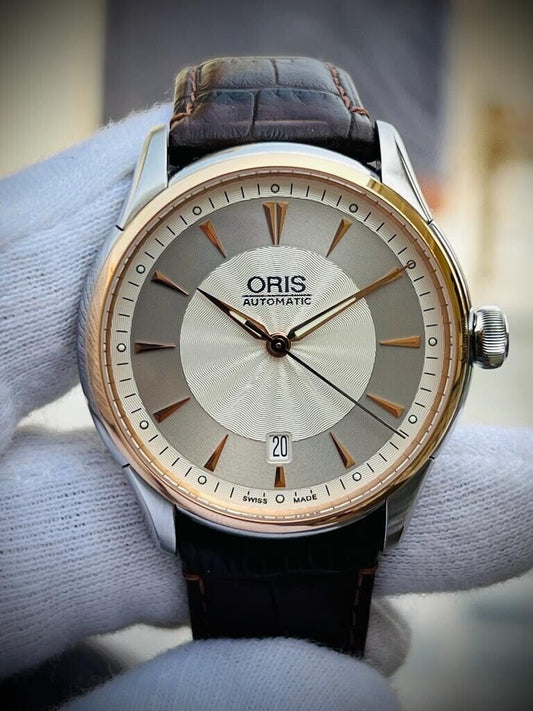 Oris Artelier Automatic 18k Rose Gold & Steel 40mm Mens Watch, Box + Papers - Grab A Watch Co