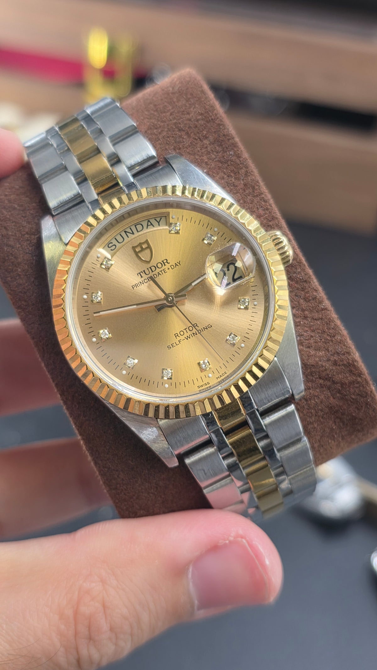 Tudor Prince Day Date Gold Diamond Dial 36mm Fluted Bezel Mens Watch