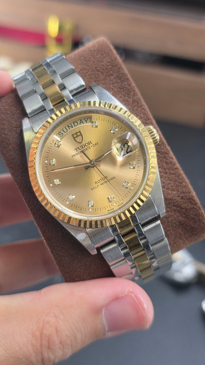 Tudor Prince Day Date Gold Diamond Dial 36mm Fluted Bezel Mens Watch