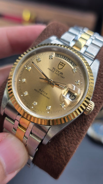 Tudor Prince Day Date Gold Diamond Dial 36mm Fluted Bezel Mens Watch