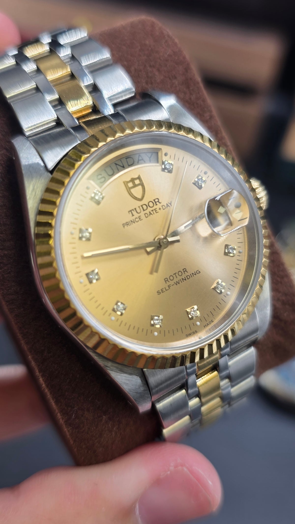 Tudor Prince Day Date Gold Diamond Dial 36mm Fluted Bezel Mens Watch