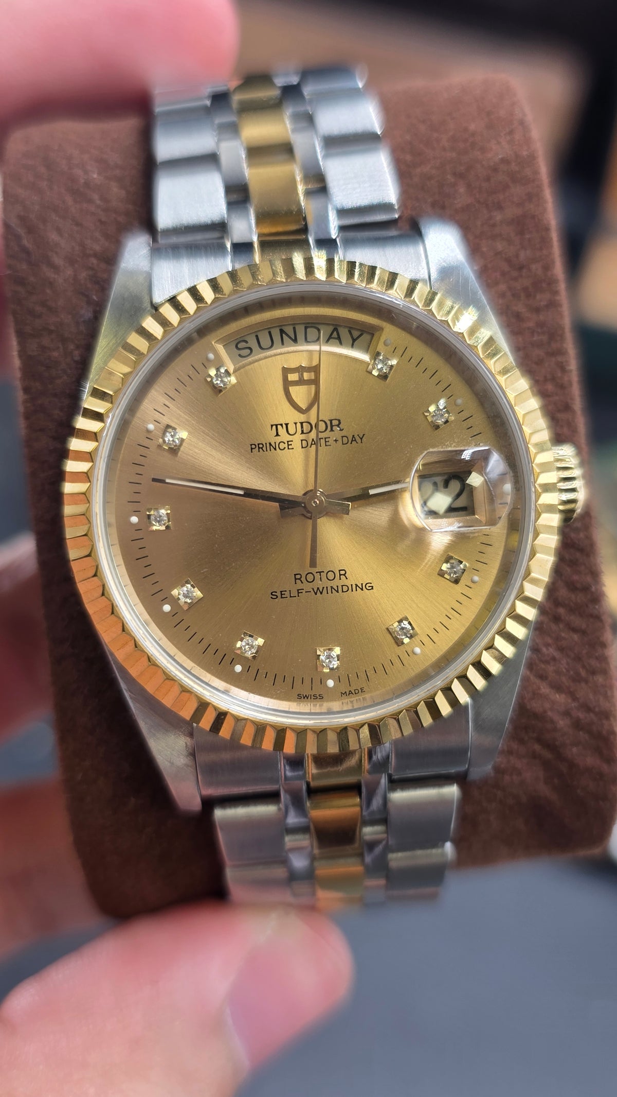 Tudor Prince Day Date Gold Diamond Dial 36mm Fluted Bezel Mens Watch