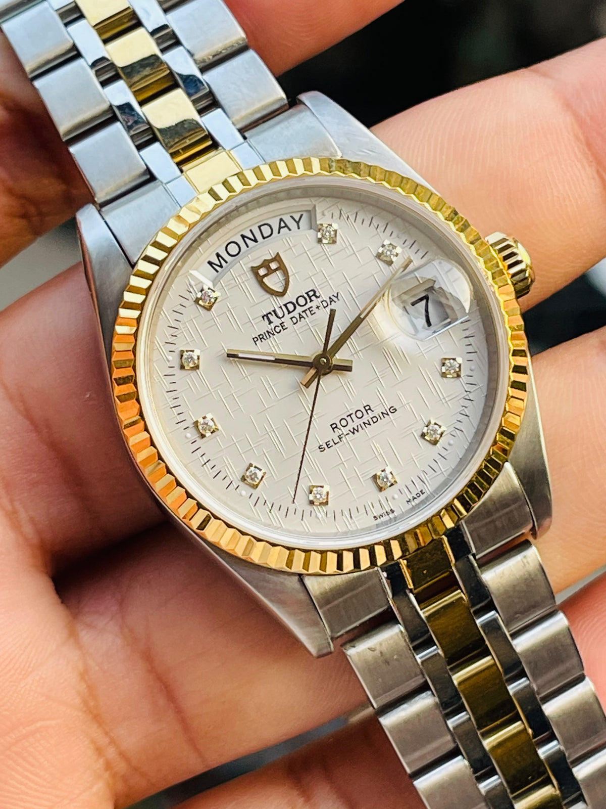 Vintage Tudor Prince Day Date Linen 36mm Diamond Dial Automatic Mens Watch G/P